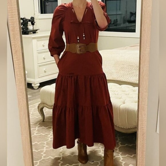 BOSS by Hugo Boss Depera Poplin Tiered Midi-Maxi Dress in Burnt Sienna - Fall! 4 - Picture 6 of 16